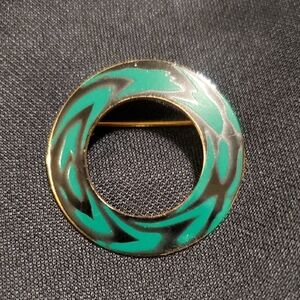 Circular Enamel Vintage Brooch Green Black Gold Circle